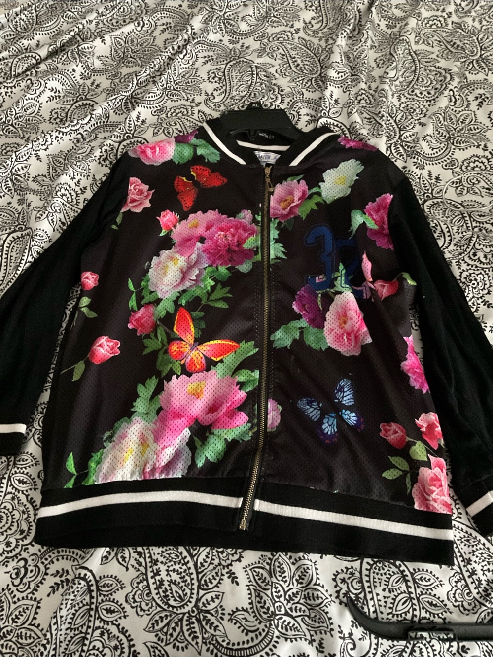 Black Floral Butterfly Bomber Jacket - Women's